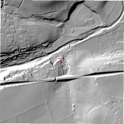 Shaded relief map of the ground around S369RF, computed from Environment Agency LiDAR. The ground here sits at about 212 m above sea level and falls 56 m across the surrounding 800 m. Surface water reaching this point runs off ground lying to the south-west, 44.0 m higher.