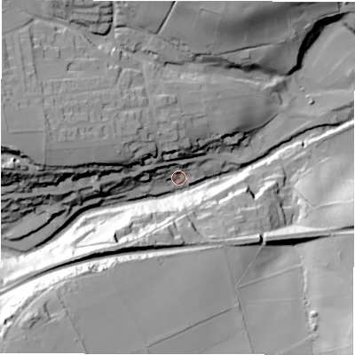 Shaded relief map of the ground around S369RP, computed from Environment Agency LiDAR. The ground here sits at about 205 m above sea level and falls 66 m across the surrounding 800 m. Surface water reaching this point runs off ground lying to the west-north-west, 31.5 m higher.