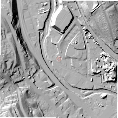 Shaded relief map of the ground around S38AA, computed from Environment Agency LiDAR. The ground here sits at about 54 m above sea level and falls 61 m across the surrounding 800 m. Surface water reaching this point runs off ground lying to the north-north-east, 20.6 m higher.