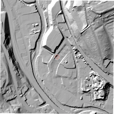 Shaded relief map of the ground around S38AB, computed from Environment Agency LiDAR. The ground here sits at about 56 m above sea level and falls 74 m across the surrounding 800 m. Surface water reaching this point runs off ground lying to the north, 18.3 m higher.