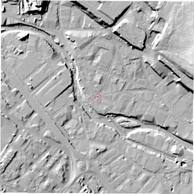 Shaded relief map of the ground around S38AF, computed from Environment Agency LiDAR. The ground here sits at about 51 m above sea level and falls 38 m across the surrounding 800 m. Surface water reaching this point runs off ground lying to the north-west, 1.8 m higher.