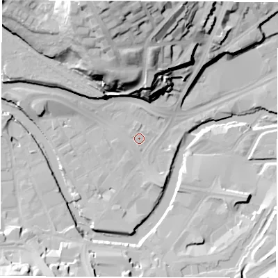 Shaded relief map of the ground around S38AP, computed from Environment Agency LiDAR. The ground here sits at about 47 m above sea level and falls 48 m across the surrounding 800 m. Surface water reaching this point runs off ground lying to the north-north-west, 1.1 m higher.