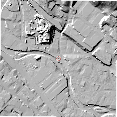 Shaded relief map of the ground around S38AT, computed from Environment Agency LiDAR. The ground here sits at about 51 m above sea level and falls 58 m across the surrounding 800 m. Surface water reaching this point runs off ground lying to the north, 32.4 m higher.