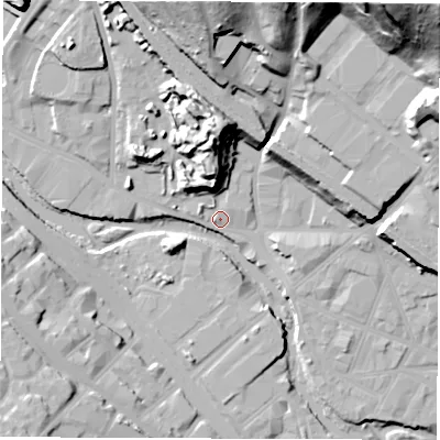 Shaded relief map of the ground around S38AU, computed from Environment Agency LiDAR. The ground here sits at about 52 m above sea level and falls 69 m across the surrounding 800 m. Surface water reaching this point runs off ground lying to the north, 21.4 m higher.