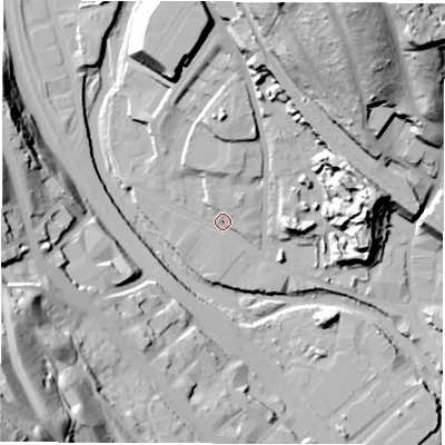 Shaded relief map of the ground around S38AW, computed from Environment Agency LiDAR. The ground here sits at about 53 m above sea level and falls 59 m across the surrounding 800 m. Surface water reaching this point runs off ground lying to the north, 18.5 m higher.