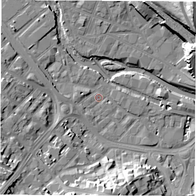 Shaded relief map of the ground around S38AY, computed from Environment Agency LiDAR. The ground here sits at about 50 m above sea level and falls 40 m across the surrounding 800 m. Surface water reaching this point runs off ground lying to the south-west, 23.7 m higher.