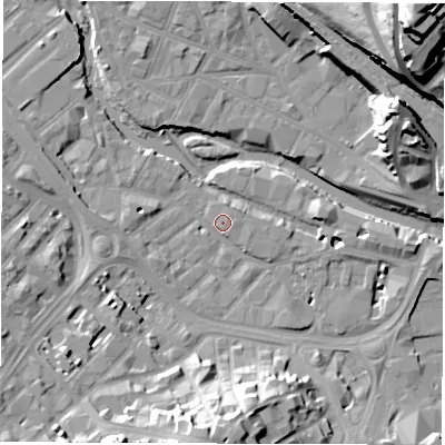Shaded relief map of the ground around S38AZ, computed from Environment Agency LiDAR. The ground here sits at about 50 m above sea level and falls 51 m across the surrounding 800 m. Surface water reaching this point runs off ground lying to the south-west, 14.5 m higher.