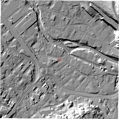 Shaded relief map of the ground around S38BB, computed from Environment Agency LiDAR. The ground here sits at about 50 m above sea level and falls 39 m across the surrounding 800 m. Surface water reaching this point runs off ground lying to the south-west, 22.6 m higher.