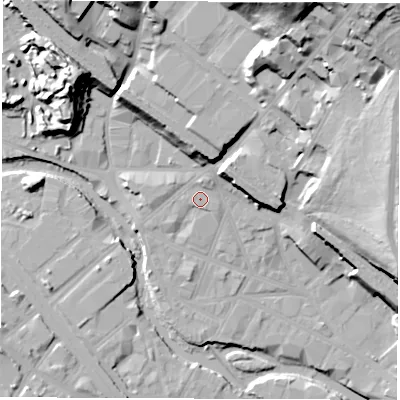 Shaded relief map of the ground around S38BD, computed from Environment Agency LiDAR. The ground here sits at about 53 m above sea level and falls 52 m across the surrounding 800 m. Surface water reaching this point runs off ground lying to the north-north-east, 1.8 m higher.