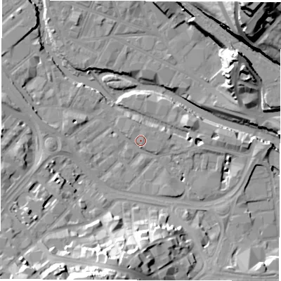 Shaded relief map of the ground around S38BF, computed from Environment Agency LiDAR. The ground here sits at about 50 m above sea level and falls 48 m across the surrounding 800 m. Surface water reaching this point runs off ground lying to the west-south-west, 11.7 m higher.