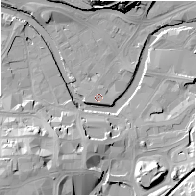 Shaded relief map of the ground around S38BG, computed from Environment Agency LiDAR. The ground here sits at about 48 m above sea level and falls 36 m across the surrounding 800 m. Surface water reaching this point runs off ground lying to the west-south-west, 1.2 m higher.