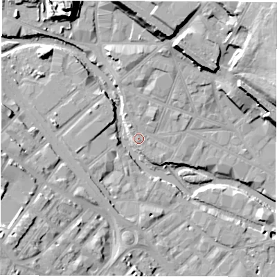 Shaded relief map of the ground around S38BJ, computed from Environment Agency LiDAR. The ground here sits at about 51 m above sea level and falls 35 m across the surrounding 800 m. Surface water reaching this point runs off ground lying to the north-north-west, 1.5 m higher.