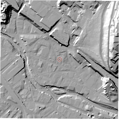 Shaded relief map of the ground around S38BL, computed from Environment Agency LiDAR. The ground here sits at about 51 m above sea level and falls 64 m across the surrounding 800 m. Surface water reaching this point runs off ground lying to the north-east, 38.0 m higher.