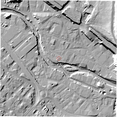 Shaded relief map of the ground around S38BR, computed from Environment Agency LiDAR. The ground here sits at about 51 m above sea level and falls 42 m across the surrounding 800 m. Surface water reaching this point runs off ground lying to the north-west, 1.8 m higher.