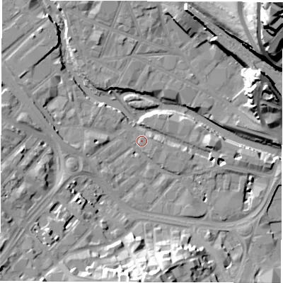 Shaded relief map of the ground around S38BS, computed from Environment Agency LiDAR. The ground here sits at about 50 m above sea level and falls 54 m across the surrounding 800 m. Surface water reaching this point runs off ground lying to the south-west, 16.5 m higher.