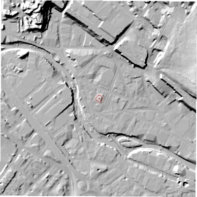Shaded relief map of the ground around S38BT, computed from Environment Agency LiDAR. The ground here sits at about 52 m above sea level and falls 39 m across the surrounding 800 m. Surface water reaching this point runs off ground lying to the east-north-east, 1.5 m higher.