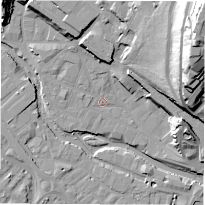 Shaded relief map of the ground around S38BW, computed from Environment Agency LiDAR. The ground here sits at about 50 m above sea level and falls 65 m across the surrounding 800 m. Surface water reaching this point runs off ground lying to the north-east, 34.8 m higher.