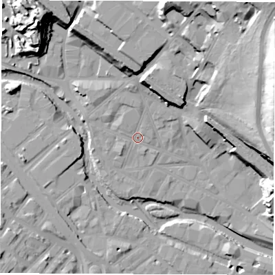 Shaded relief map of the ground around S38BX, computed from Environment Agency LiDAR. The ground here sits at about 51 m above sea level and falls 47 m across the surrounding 800 m. Surface water reaching this point runs off ground lying to the north-north-east, 29.4 m higher.