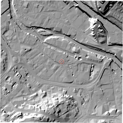 Shaded relief map of the ground around S38BY, computed from Environment Agency LiDAR. The ground here sits at about 50 m above sea level and falls 45 m across the surrounding 800 m. Surface water reaching this point runs off ground lying to the south-south-west, 32.2 m higher.