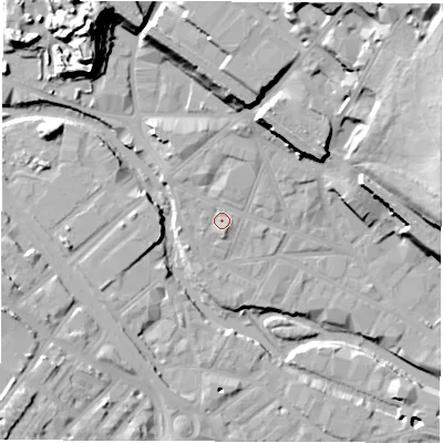 Shaded relief map of the ground around S38BZ, computed from Environment Agency LiDAR. The ground here sits at about 52 m above sea level and falls 39 m across the surrounding 800 m. Surface water reaching this point runs off ground lying to the north-north-east, 12.0 m higher.
