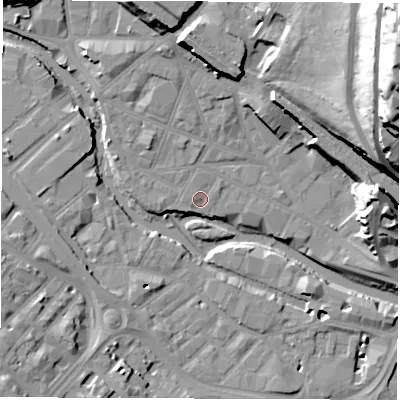 Shaded relief map of the ground around S38DB, computed from Environment Agency LiDAR. The ground here sits at about 50 m above sea level and falls 60 m across the surrounding 800 m. Surface water reaching this point runs off ground lying to the north, 13.4 m higher.