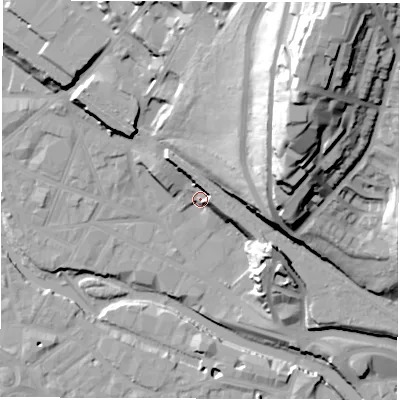 Shaded relief map of the ground around S38DE, computed from Environment Agency LiDAR. The ground here sits at about 52 m above sea level and falls 66 m across the surrounding 800 m. Surface water reaching this point runs off ground lying to the north, 11.3 m higher.