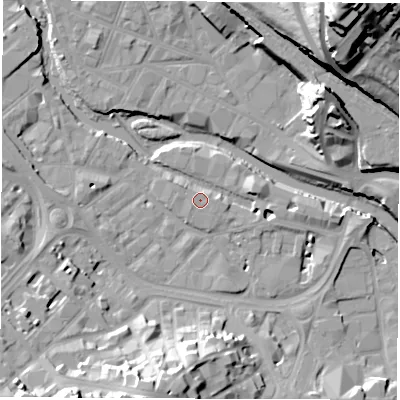 Shaded relief map of the ground around S38DF, computed from Environment Agency LiDAR. The ground here sits at about 50 m above sea level and falls 50 m across the surrounding 800 m. Surface water reaching this point runs off ground lying to the east, 5.4 m higher.