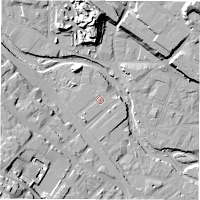 Shaded relief map of the ground around S38DG, computed from Environment Agency LiDAR. The ground here sits at about 52 m above sea level and falls 36 m across the surrounding 800 m. Surface water reaching this point runs off ground lying to the west-south-west, 7.8 m higher.