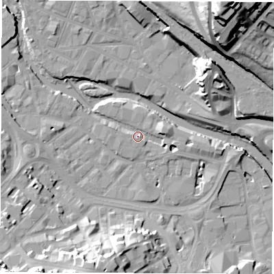 Shaded relief map of the ground around S38DH, computed from Environment Agency LiDAR. The ground here sits at about 50 m above sea level and falls 51 m across the surrounding 800 m. Surface water reaching this point runs off ground lying to the east, 5.4 m higher.