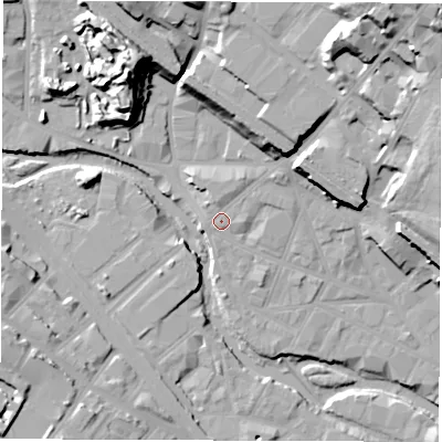 Shaded relief map of the ground around S38DP, computed from Environment Agency LiDAR. The ground here sits at about 52 m above sea level and falls 45 m across the surrounding 800 m. Surface water reaching this point runs off ground lying to the north-east, 11.1 m higher.