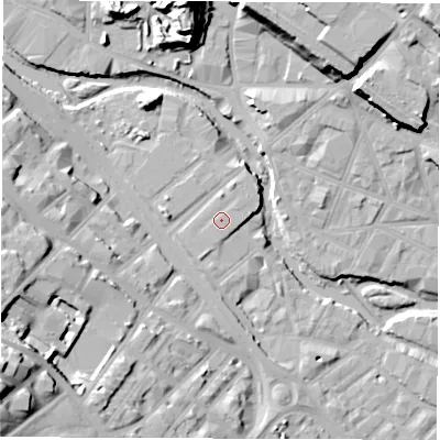 Shaded relief map of the ground around S38DQ, computed from Environment Agency LiDAR. The ground here sits at about 53 m above sea level and falls 33 m across the surrounding 800 m. Surface water reaching this point runs off ground lying to the south-south-west, 0.6 m higher.