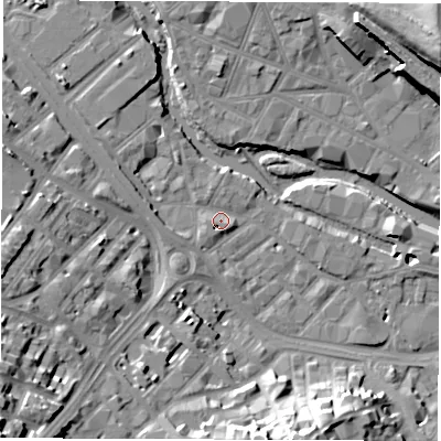 Shaded relief map of the ground around S38DR, computed from Environment Agency LiDAR. The ground here sits at about 51 m above sea level and falls 32 m across the surrounding 800 m. Surface water reaching this point runs off ground lying to the west-north-west, 7.4 m higher.