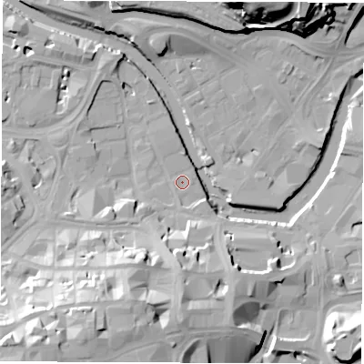 Shaded relief map of the ground around S38DT, computed from Environment Agency LiDAR. The ground here sits at about 48 m above sea level and falls 40 m across the surrounding 800 m. Surface water reaching this point runs off ground lying to the south-west, 36.0 m higher.