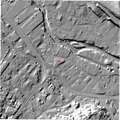 Shaded relief map of the ground around S38DU, computed from Environment Agency LiDAR. The ground here sits at about 51 m above sea level and falls 32 m across the surrounding 800 m. Surface water reaching this point runs off ground lying to the west-north-west, 7.4 m higher.