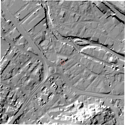 Shaded relief map of the ground around S38DW, computed from Environment Agency LiDAR. The ground here sits at about 51 m above sea level and falls 31 m across the surrounding 800 m. Surface water reaching this point runs off ground lying to the south-west, 25.0 m higher.