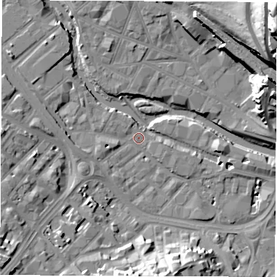 Shaded relief map of the ground around S38DX, computed from Environment Agency LiDAR. The ground here sits at about 50 m above sea level and falls 54 m across the surrounding 800 m. Surface water reaching this point runs off ground lying to the south-west, 20.7 m higher.