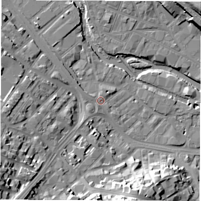 Shaded relief map of the ground around S38DY, computed from Environment Agency LiDAR. The ground here sits at about 51 m above sea level and falls 32 m across the surrounding 800 m. Surface water reaching this point runs off ground lying to the south-west, 27.2 m higher.