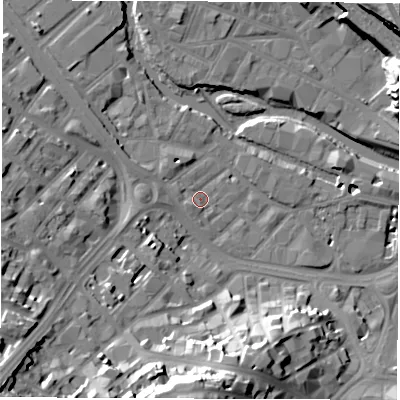 Shaded relief map of the ground around S38DZ, computed from Environment Agency LiDAR. The ground here sits at about 50 m above sea level and falls 34 m across the surrounding 800 m. Surface water reaching this point runs off ground lying to the west-north-west, 1.8 m higher.