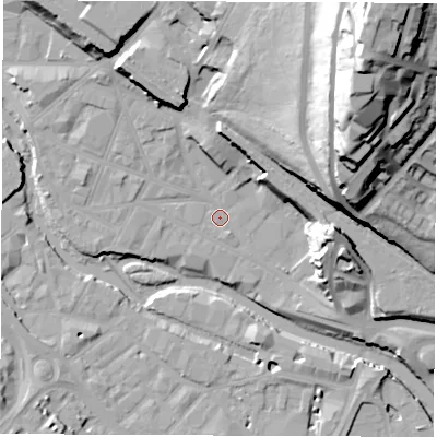 Shaded relief map of the ground around S38EA, computed from Environment Agency LiDAR. The ground here sits at about 49 m above sea level and falls 65 m across the surrounding 800 m. Surface water reaching this point runs off ground lying to the north-north-east, 35.4 m higher.