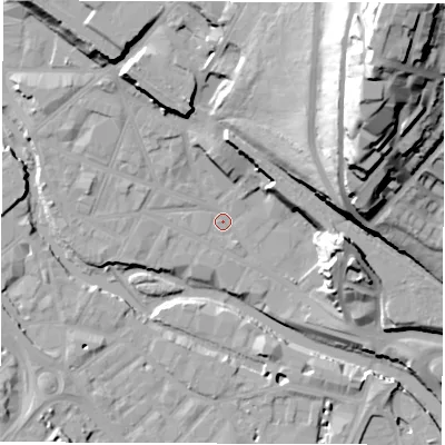 Shaded relief map of the ground around S38ED, computed from Environment Agency LiDAR. The ground here sits at about 49 m above sea level and falls 65 m across the surrounding 800 m. Surface water reaching this point runs off ground lying to the north-north-east, 35.6 m higher.