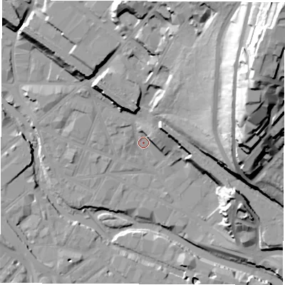Shaded relief map of the ground around S38EF, computed from Environment Agency LiDAR. The ground here sits at about 50 m above sea level and falls 67 m across the surrounding 800 m. Surface water reaching this point runs off ground lying to the north-east, 34.0 m higher.