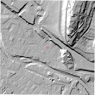Shaded relief map of the ground around S38EG, computed from Environment Agency LiDAR. The ground here sits at about 49 m above sea level and falls 65 m across the surrounding 800 m. Surface water reaching this point runs off ground lying to the north, 11.3 m higher.