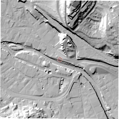 Shaded relief map of the ground around S38EL, computed from Environment Agency LiDAR. The ground here sits at about 50 m above sea level and falls 57 m across the surrounding 800 m. Surface water reaching this point runs off ground lying to the north, 32.7 m higher.