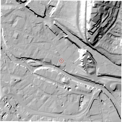 Shaded relief map of the ground around S38EN, computed from Environment Agency LiDAR. The ground here sits at about 49 m above sea level and falls 63 m across the surrounding 800 m. Surface water reaching this point runs off ground lying to the west-north-west, 1.5 m higher.