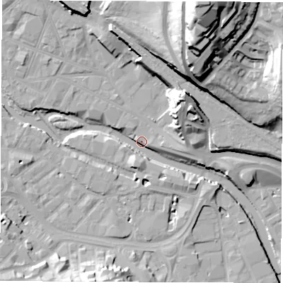 Shaded relief map of the ground around S38EP, computed from Environment Agency LiDAR. The ground here sits at about 49 m above sea level and falls 59 m across the surrounding 800 m. Surface water reaching this point runs off ground lying to the north, 34.0 m higher.