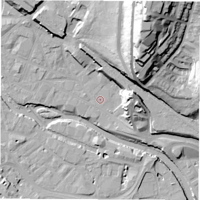 Shaded relief map of the ground around S38EQ, computed from Environment Agency LiDAR. The ground here sits at about 49 m above sea level and falls 63 m across the surrounding 800 m. Surface water reaching this point runs off ground lying to the north, 34.9 m higher.
