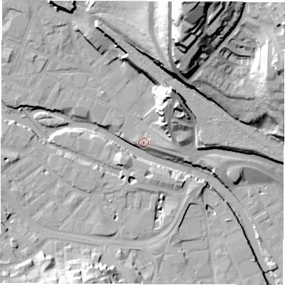 Shaded relief map of the ground around S38ER, computed from Environment Agency LiDAR. The ground here sits at about 49 m above sea level and falls 59 m across the surrounding 800 m. Surface water reaching this point runs off ground lying to the north, 33.6 m higher.