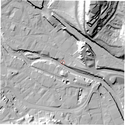 Shaded relief map of the ground around S38ES, computed from Environment Agency LiDAR. The ground here sits at about 48 m above sea level and falls 58 m across the surrounding 800 m. Surface water reaching this point runs off ground lying to the north-north-east, 34.6 m higher.