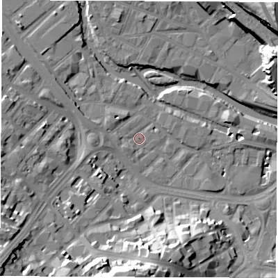 Shaded relief map of the ground around S38EW, computed from Environment Agency LiDAR. The ground here sits at about 50 m above sea level and falls 36 m across the surrounding 800 m. Surface water reaching this point runs off ground lying to the west, 2.0 m higher.