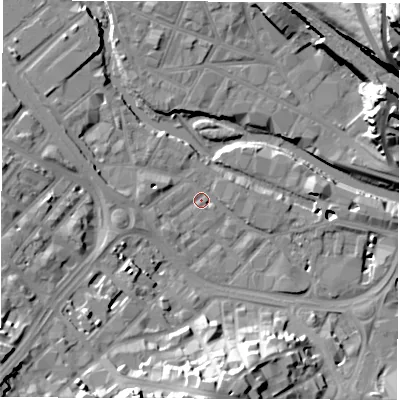 Shaded relief map of the ground around S38EX, computed from Environment Agency LiDAR. The ground here sits at about 49 m above sea level and falls 49 m across the surrounding 800 m. Surface water reaching this point runs off ground lying to the south-west, 20.7 m higher.